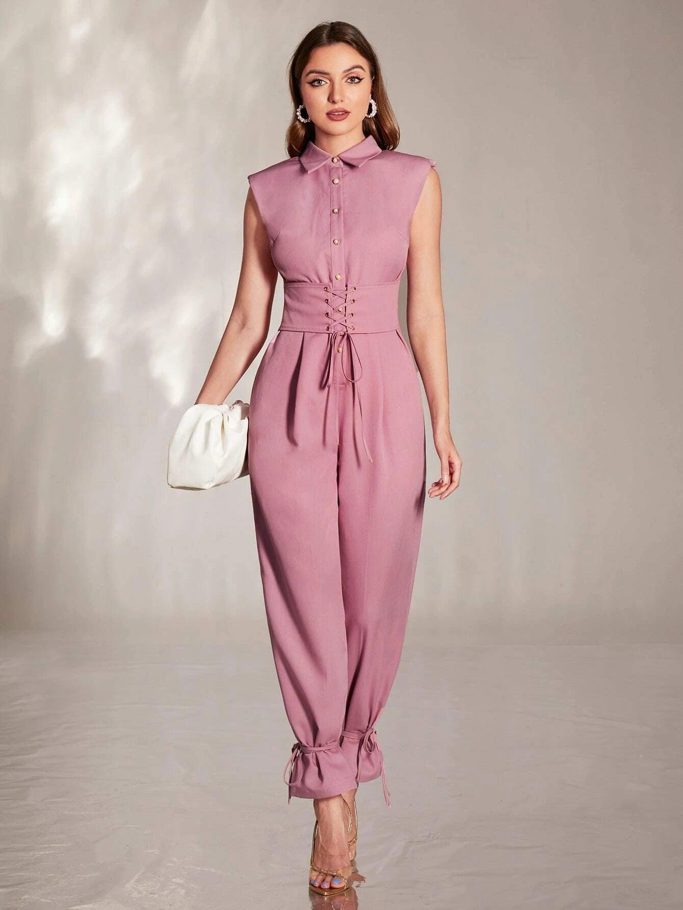 Front Plicated Detail Knot Hem Jumpsuit-Comfy Jumpsuits