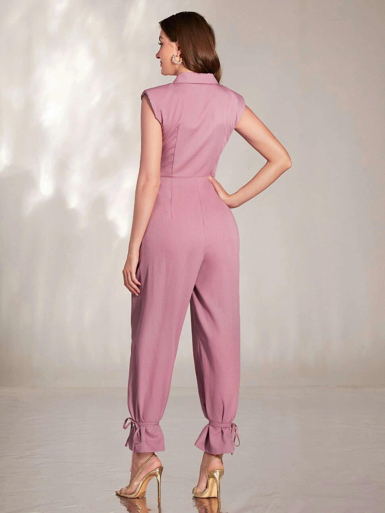 Front Plicated Detail Knot Hem Jumpsuit-Comfy Jumpsuits