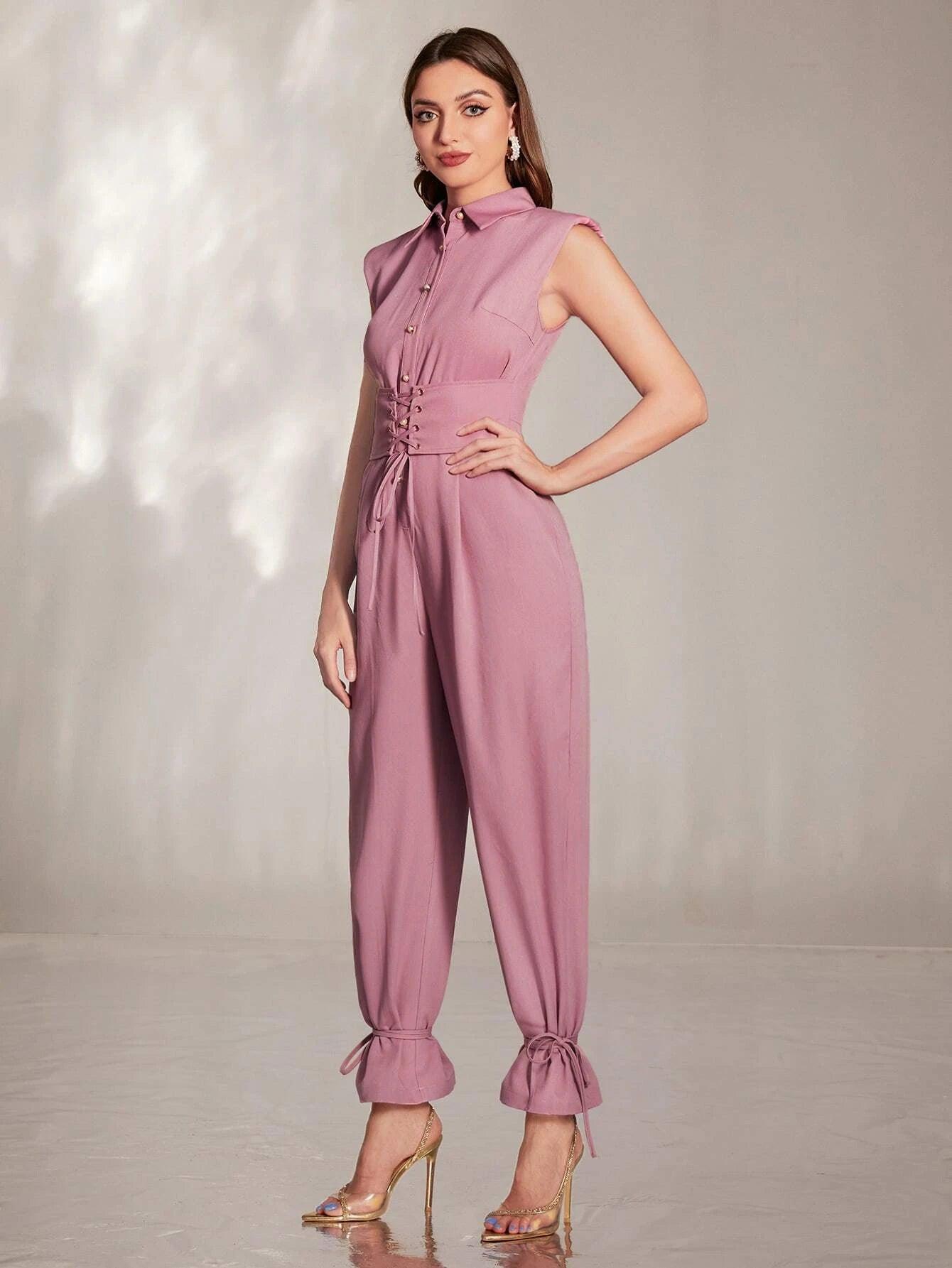 Front Plicated Detail Knot Hem Jumpsuit-Comfy Jumpsuits