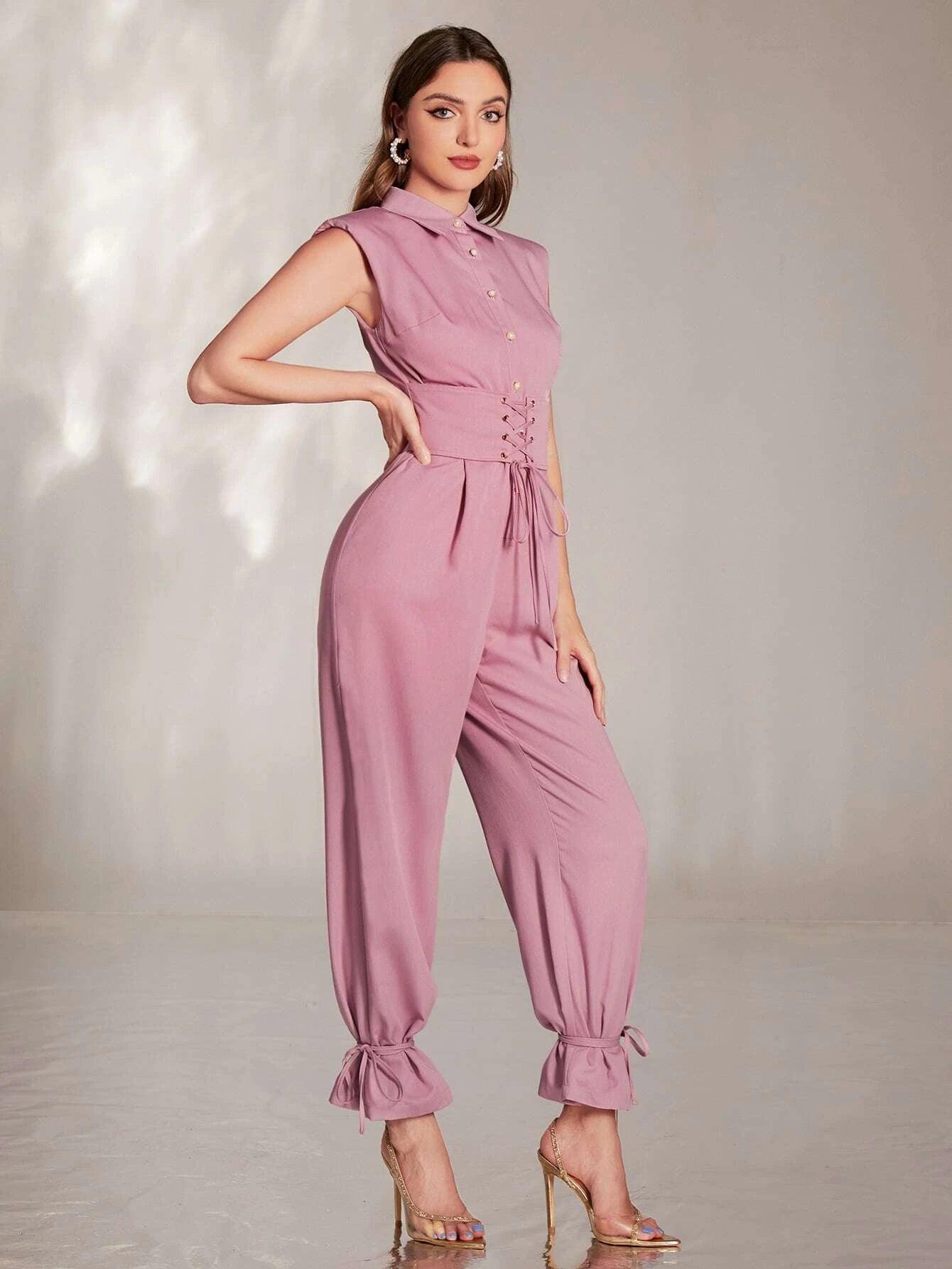 Front Plicated Detail Knot Hem Jumpsuit-Comfy Jumpsuits