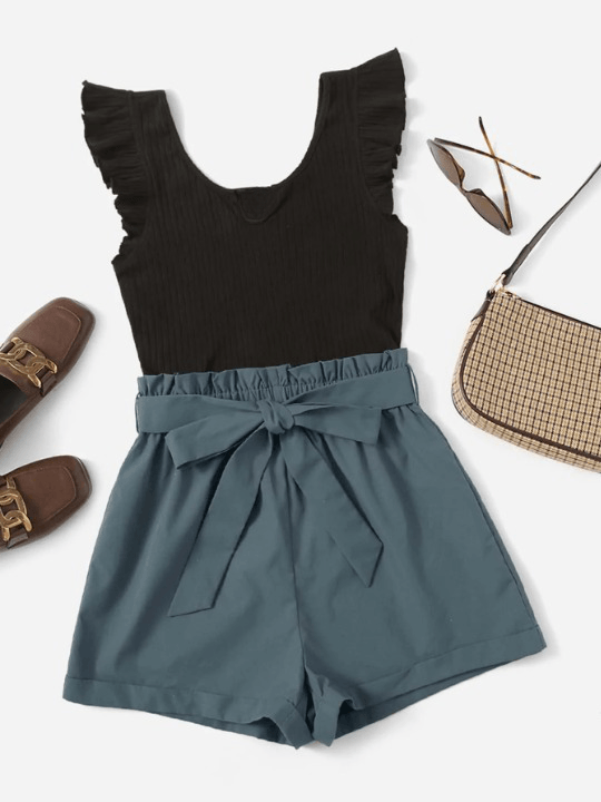 Plus Ruffle Armhole Paperbag Waist Belted Romper-Comfy Jumpsuits