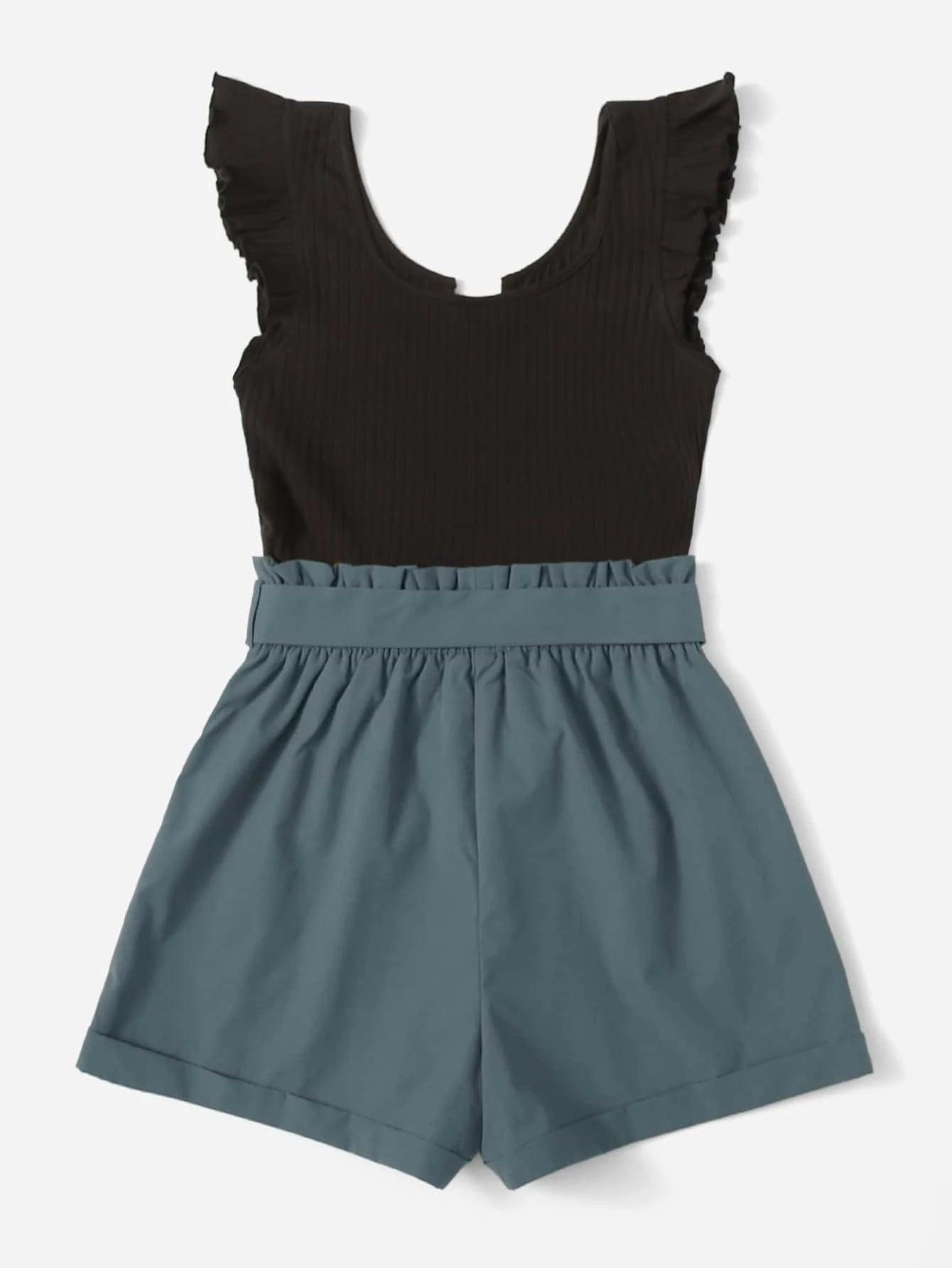 Plus Ruffle Armhole Paperbag Waist Belted Romper-Comfy Jumpsuits