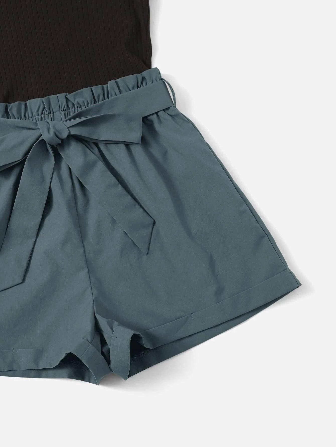 Plus Ruffle Armhole Paperbag Waist Belted Romper-Comfy Jumpsuits