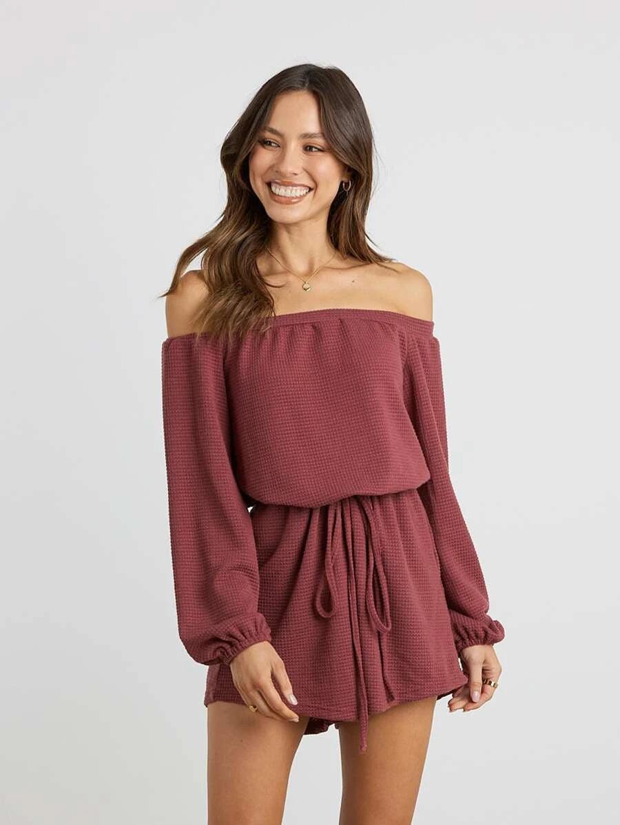 Off Shoulder Lantern Sleeve Romper-Comfy Jumpsuits