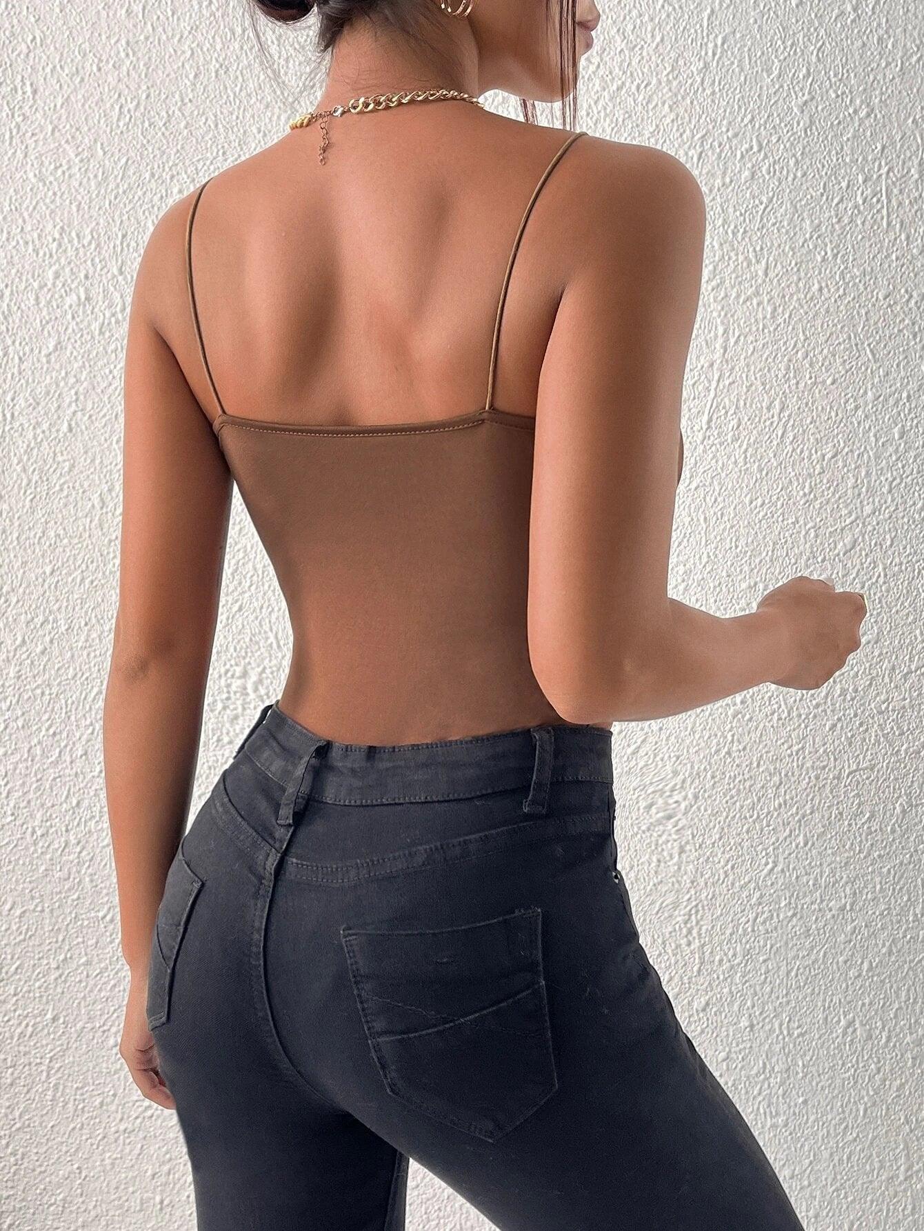 Solid Plunging Neck Cami Bodysuit-Comfy Jumpsuits