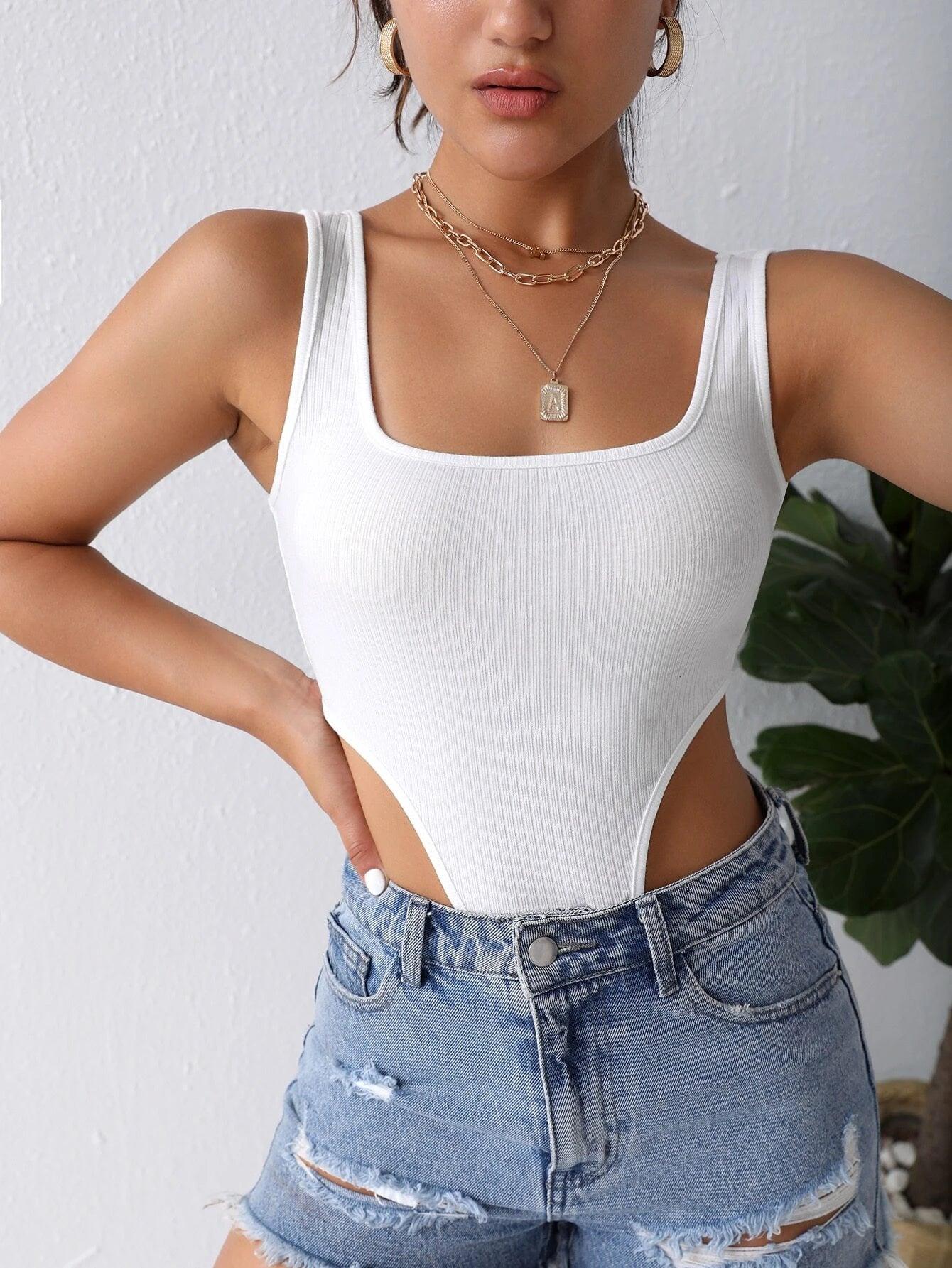 Ribbed Knit High Cut Tank Bodysuit-Comfy Jumpsuits