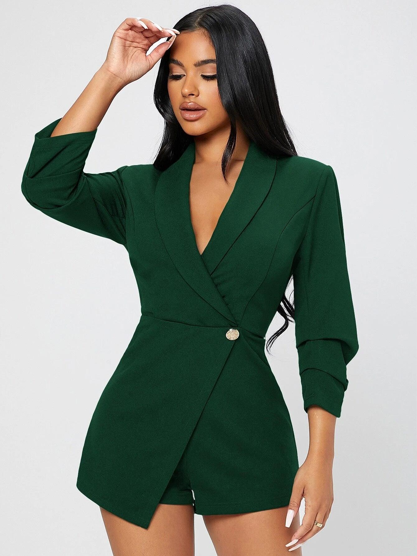 Solid Shawl Collar Wrap Romper-Comfy Jumpsuits