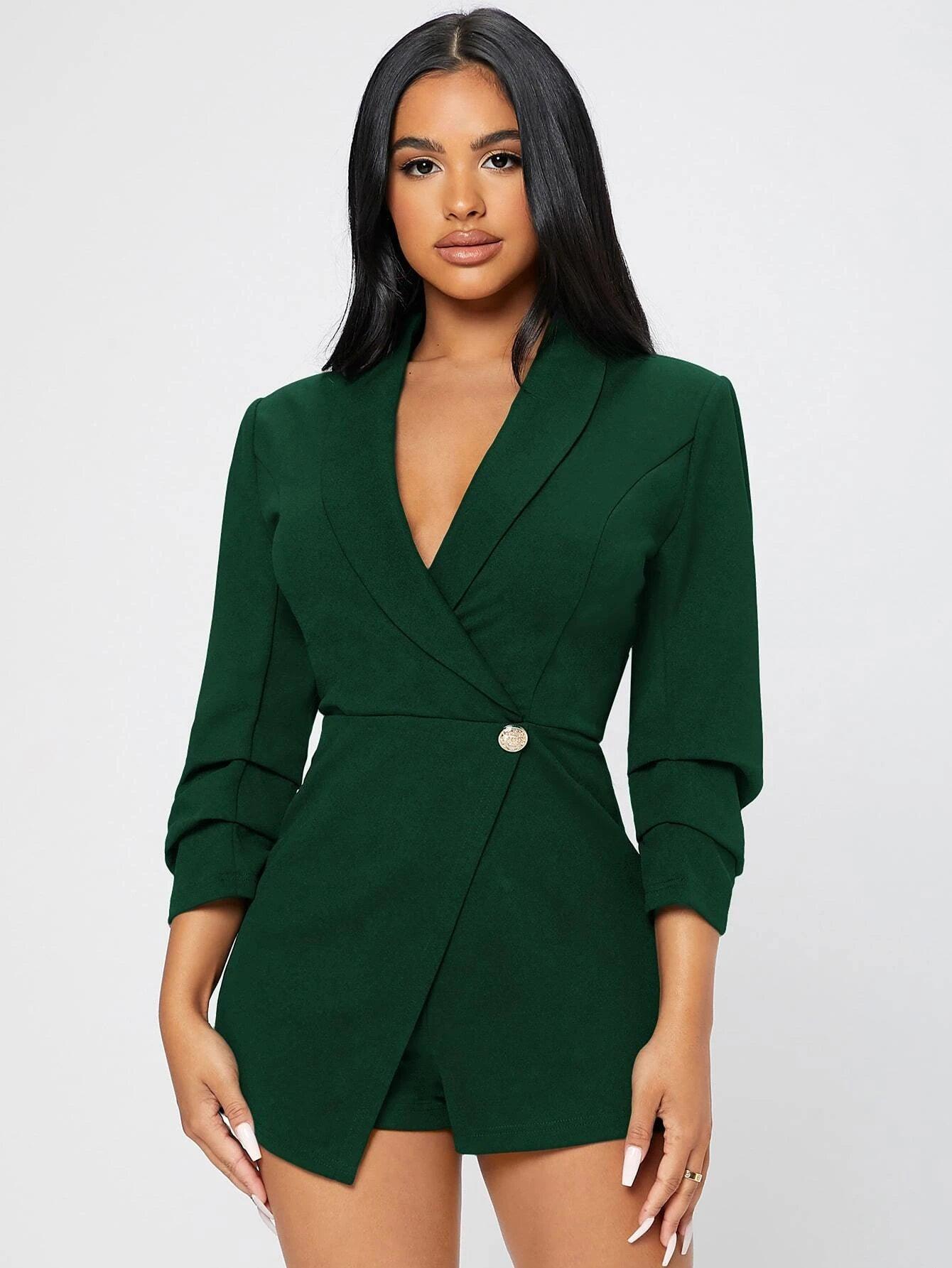 Solid Shawl Collar Wrap Romper-Comfy Jumpsuits