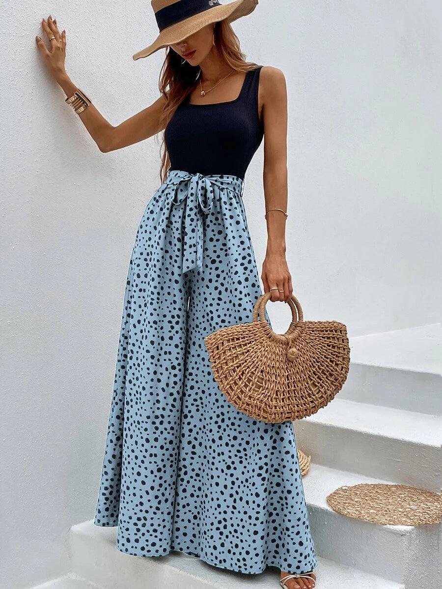 Dalmatian Print Wide Leg Belted Jumpsuit-Comfy Jumpsuits