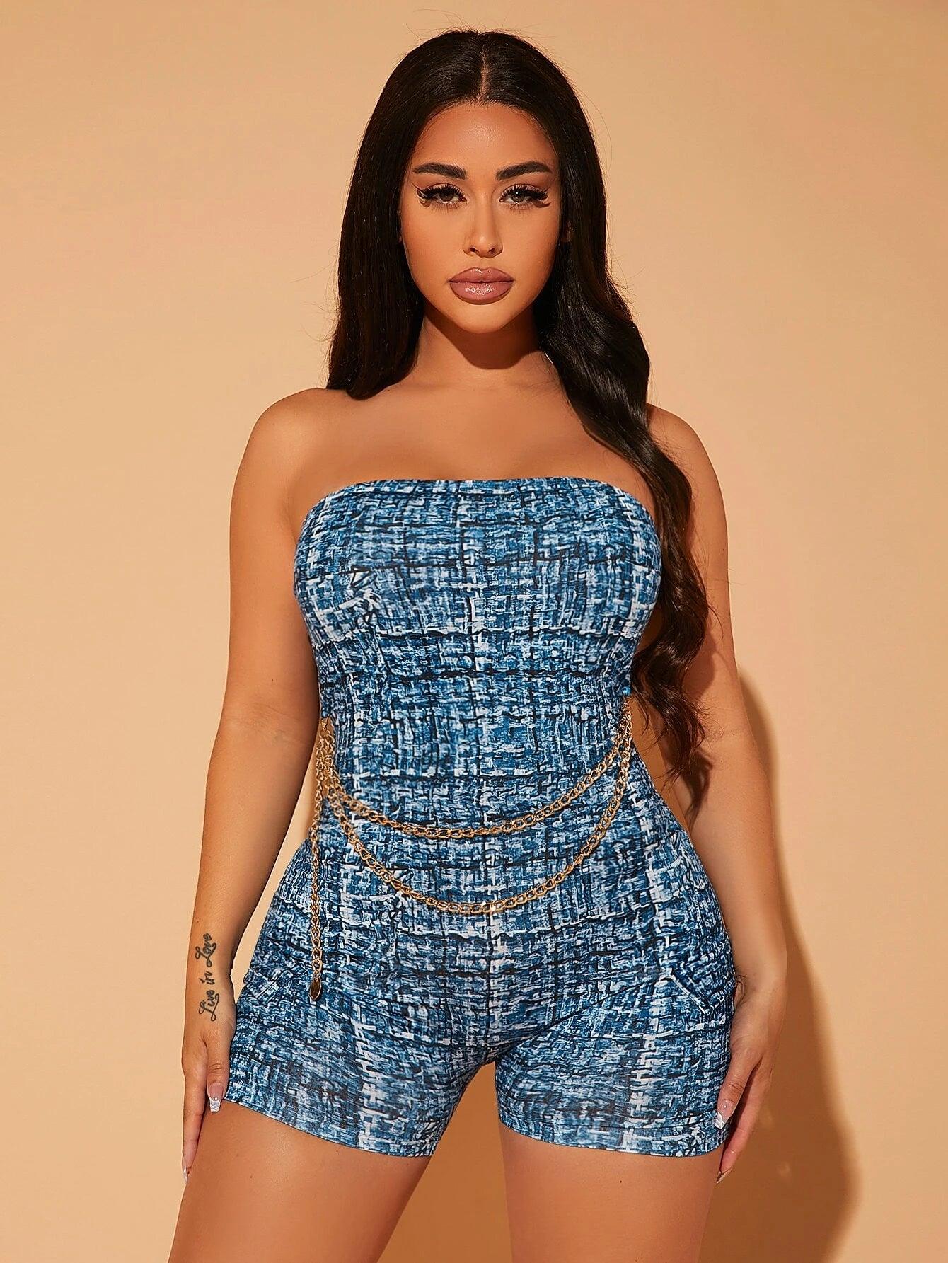 Allover Print Chain Detail Tube Unitard Romper-Comfy Jumpsuits