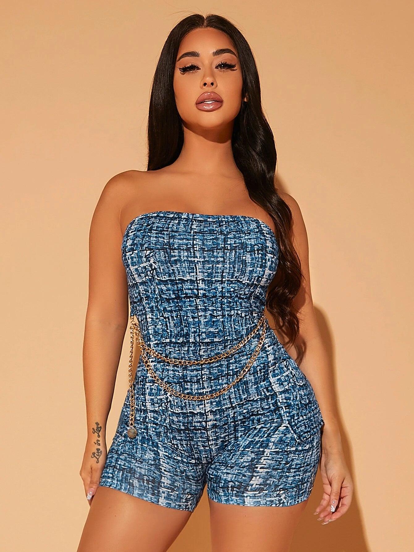 Allover Print Chain Detail Tube Unitard Romper-Comfy Jumpsuits