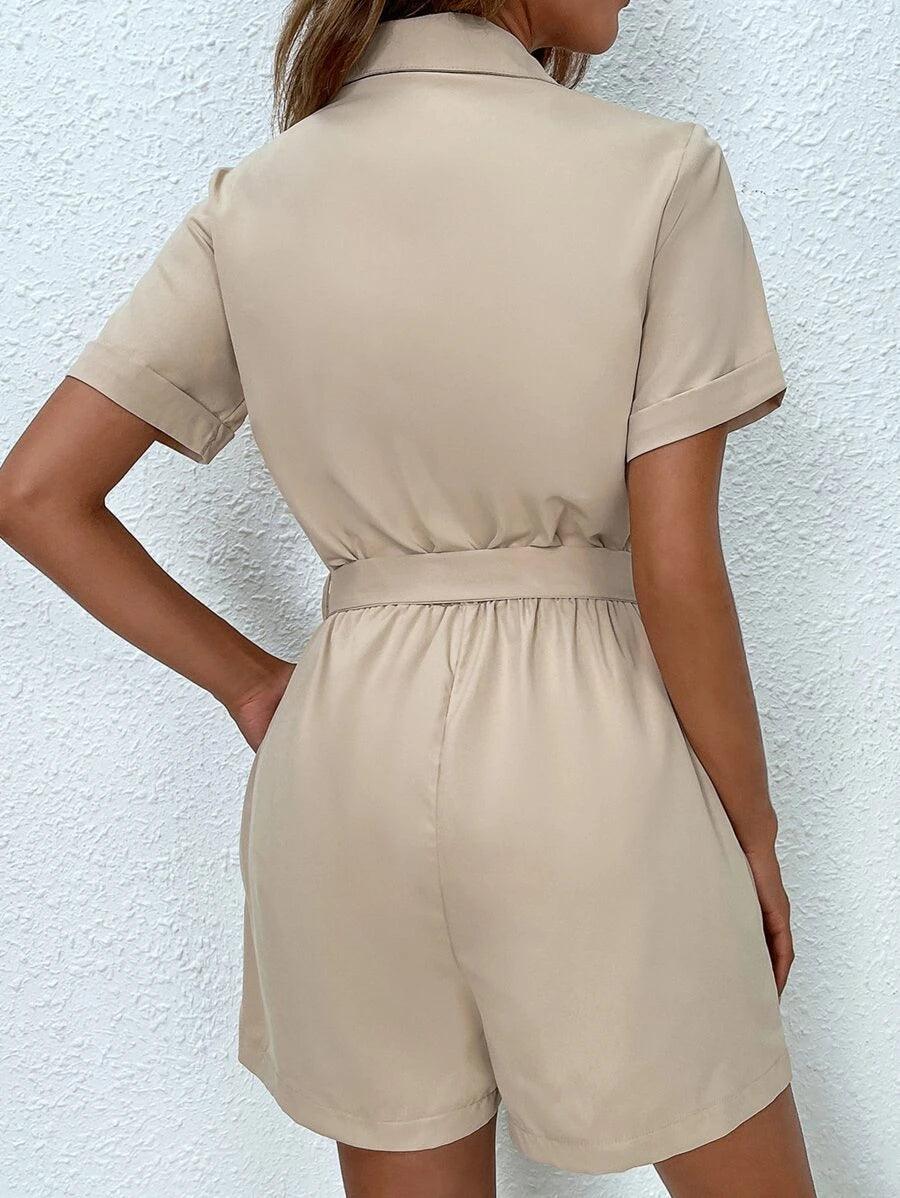 Solid Button Front Belted Shirt Romper-Comfy Jumpsuits