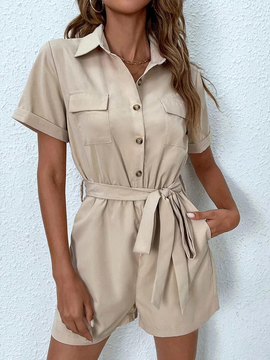 Solid Button Front Belted Shirt Romper-Comfy Jumpsuits