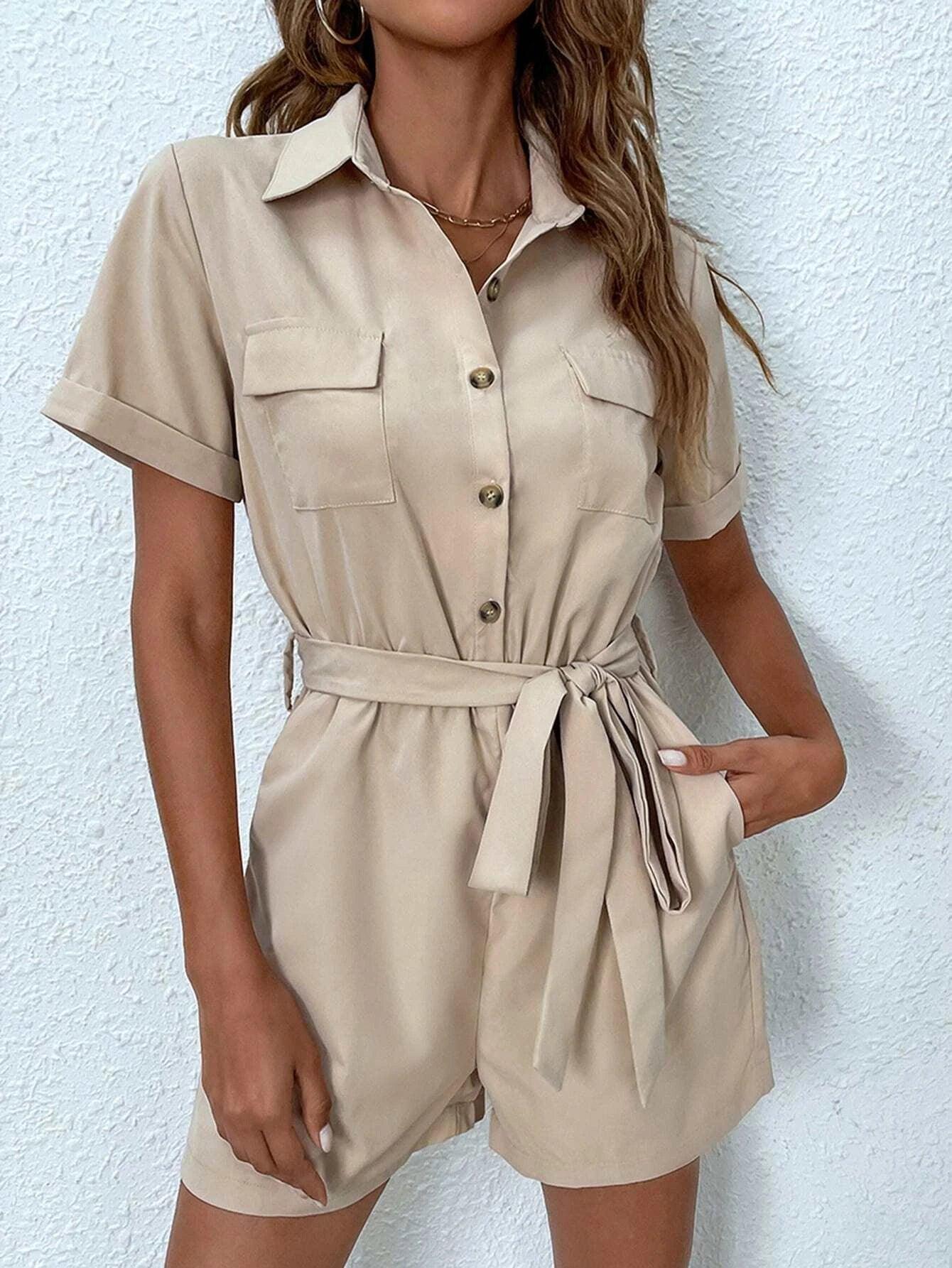 Button Front Belted Shirt Style Romper-Comfy Jumpsuits