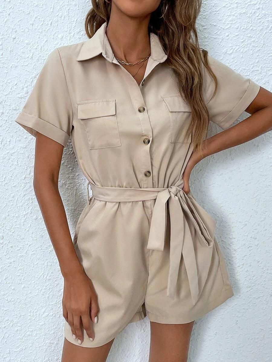 Solid Button Front Belted Shirt Romper-Comfy Jumpsuits