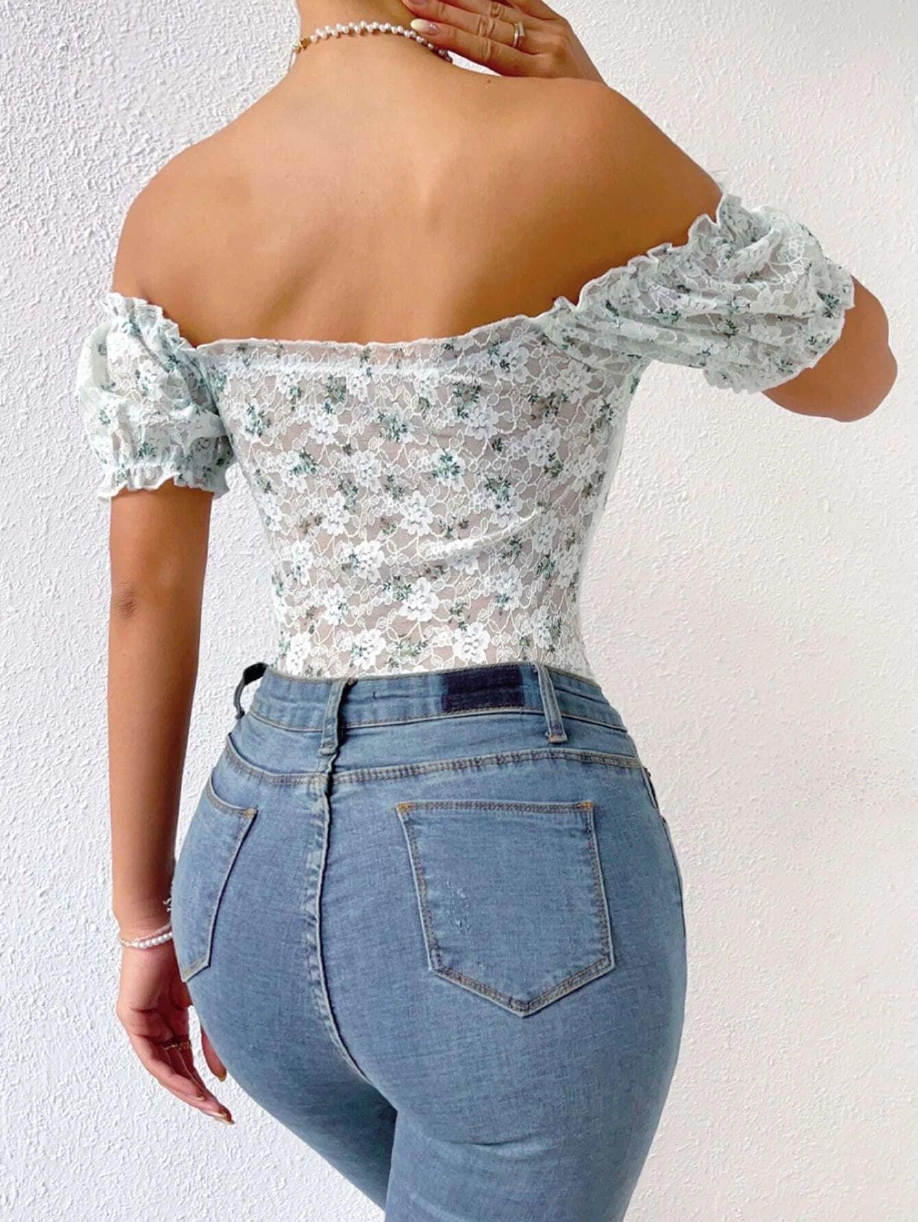 Floral Print Off Shoulder Knot Front Lace Bodysuit-Comfy Jumpsuits