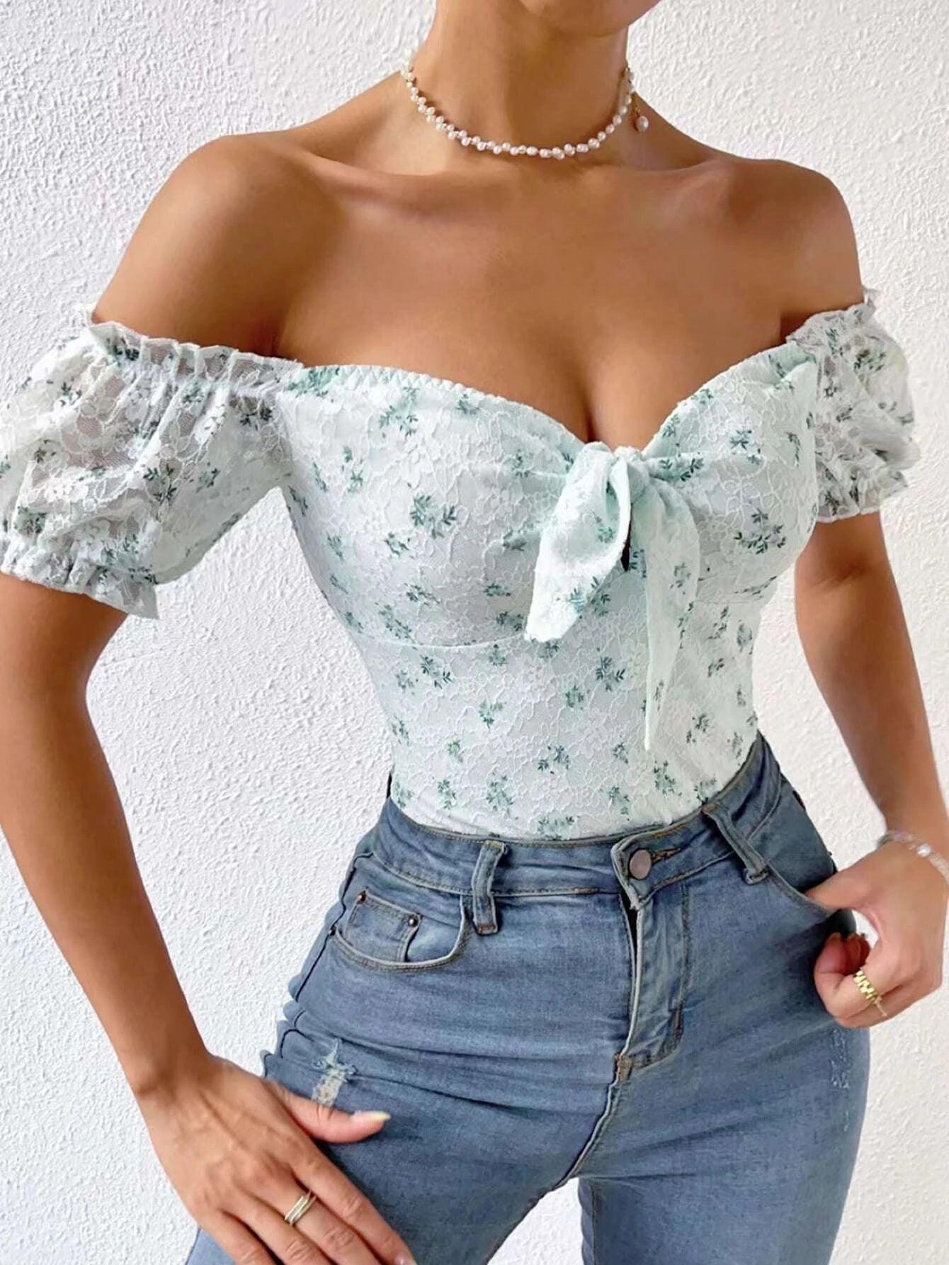 Floral Print Off Shoulder Knot Front Lace Bodysuit-Comfy Jumpsuits