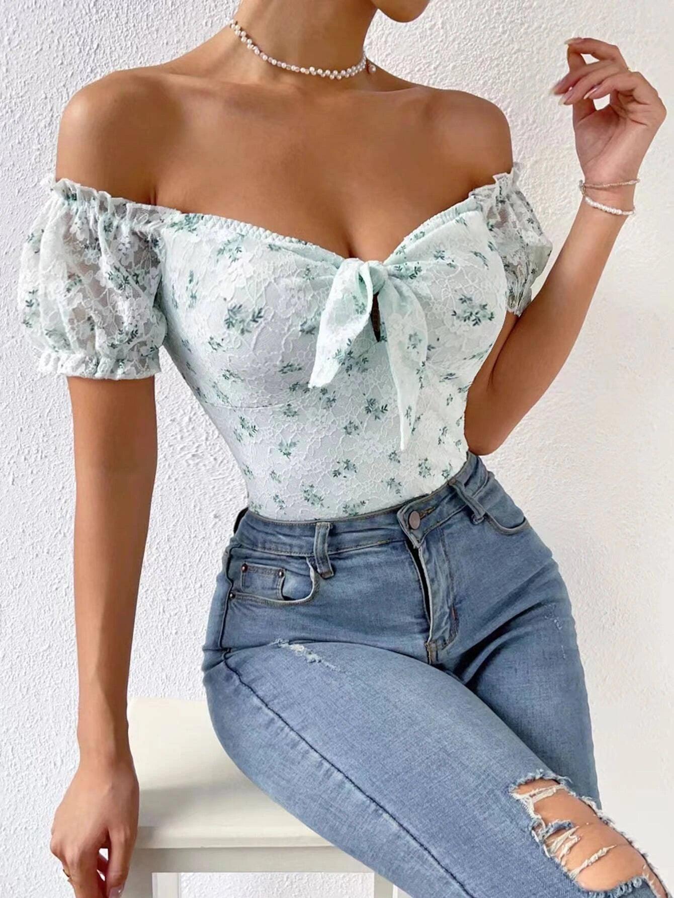 Floral Print Off Shoulder Knot Front Lace Bodysuit-Comfy Jumpsuits