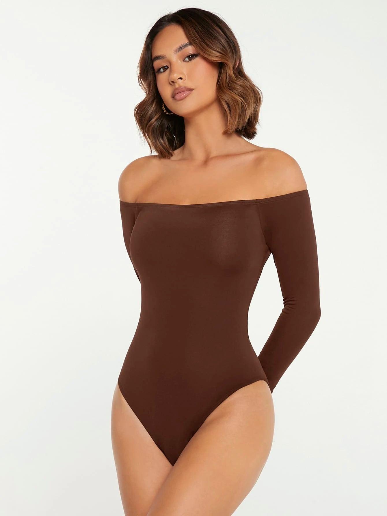 Solid Coloured Off Shoulder Bodysuit-Comfy Jumpsuits