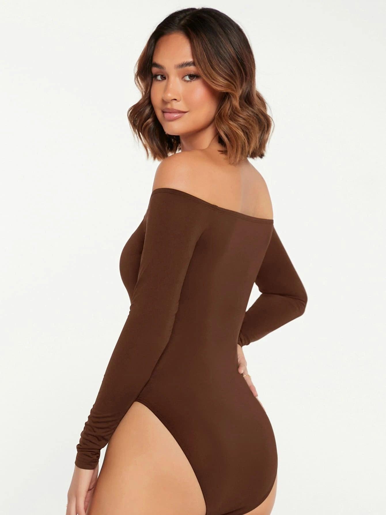 Solid Coloured Off Shoulder Bodysuit-Comfy Jumpsuits