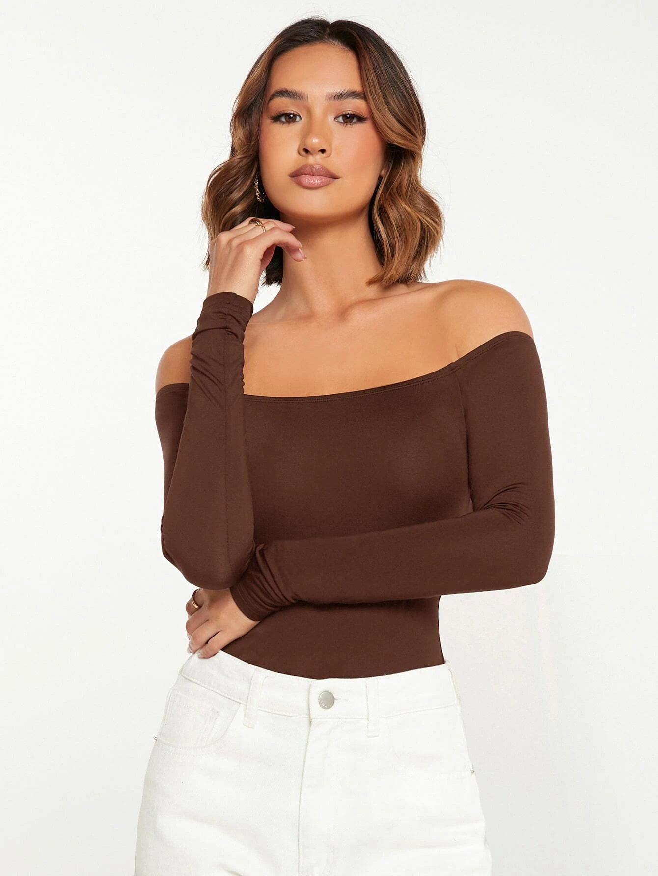 Solid Coloured Off Shoulder Bodysuit-Comfy Jumpsuits