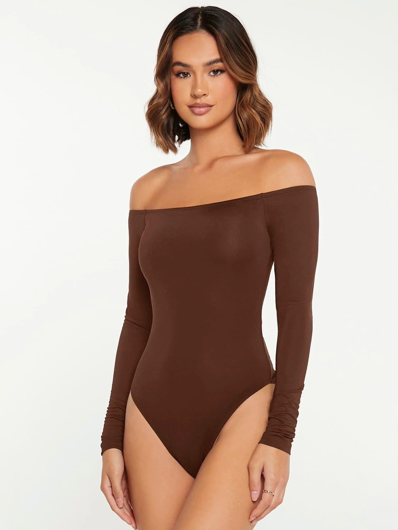 Solid Coloured Off Shoulder Bodysuit-Comfy Jumpsuits