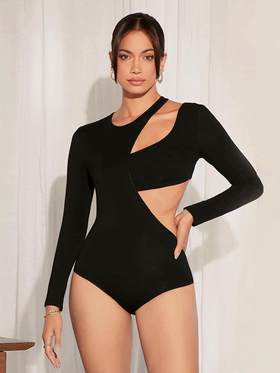 Slim Fit Cut Out Asymmetrical Neck Bodysuit-Comfy Jumpsuits
