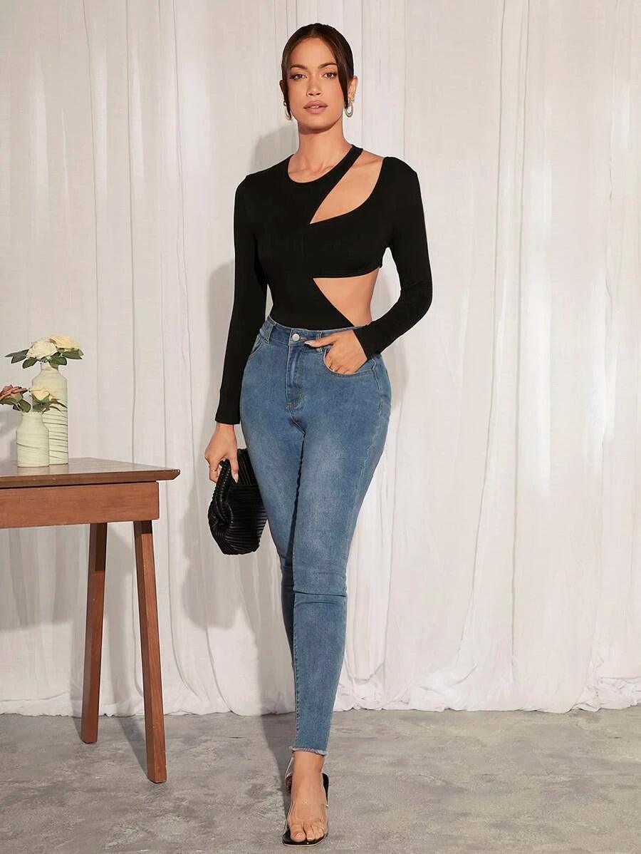 Slim Fit Cut Out Asymmetrical Neck Bodysuit-Comfy Jumpsuits