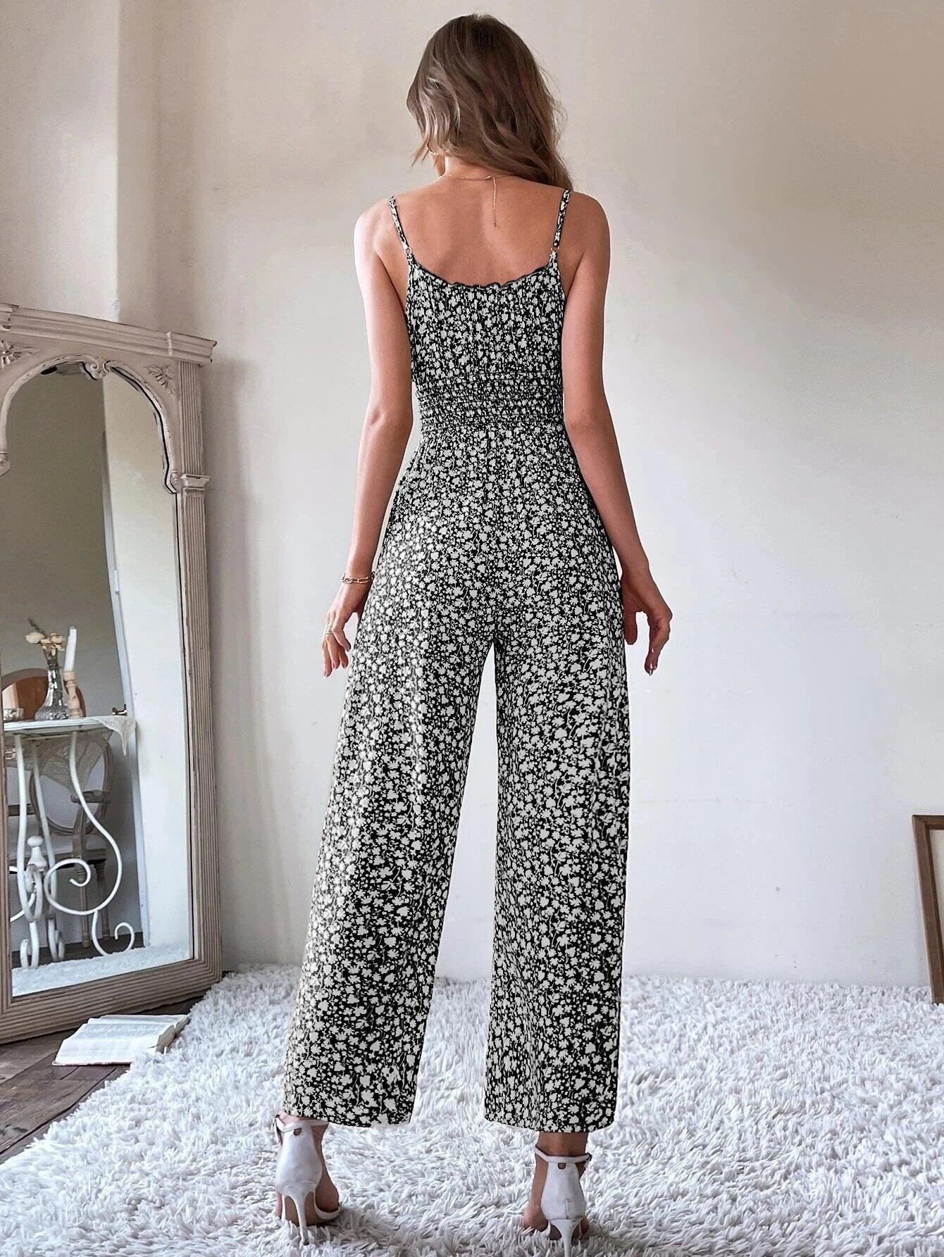 Ditsy Floral Tie Front Shirred Waist Cami Jumpsuit-Comfy Jumpsuits
