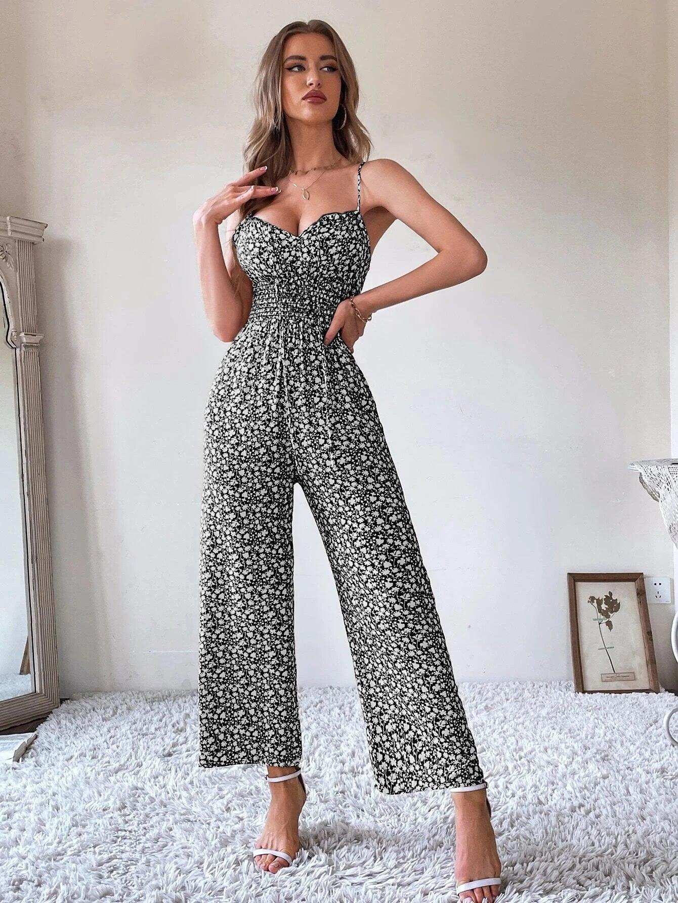 Ditsy Floral Tie Front Shirred Waist Cami Jumpsuit-Comfy Jumpsuits