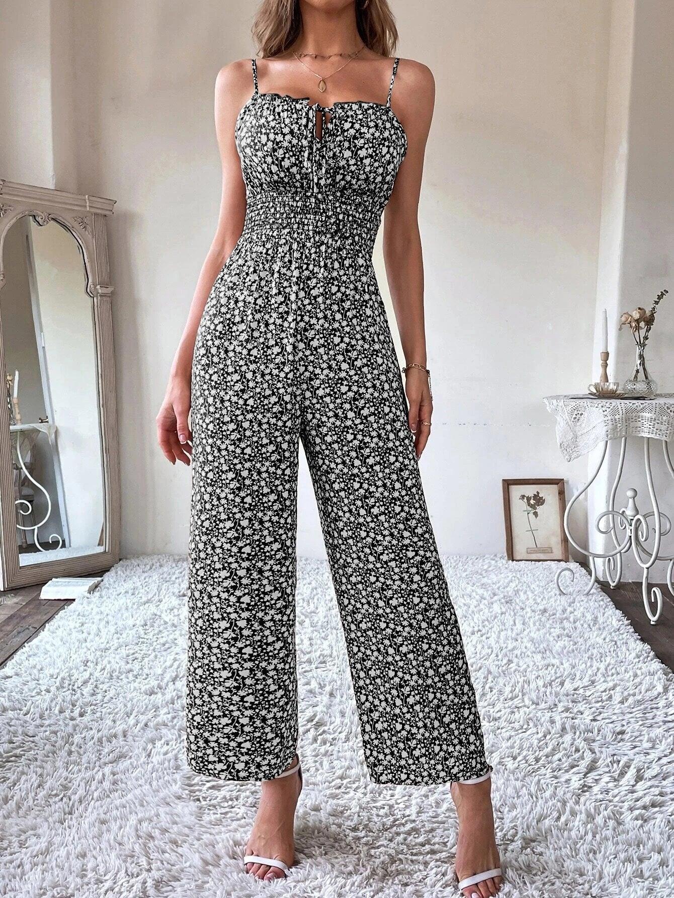 Ditsy Floral Tie Front Shirred Waist Cami Jumpsuit-Comfy Jumpsuits