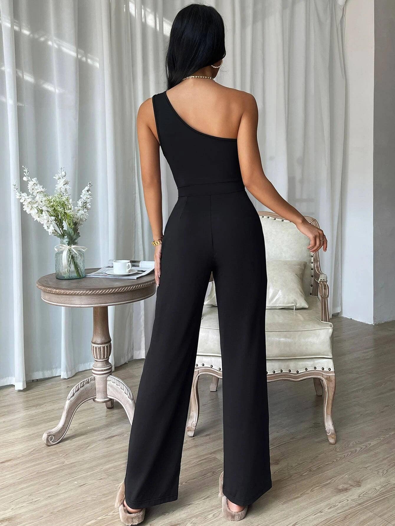 One Shoulder Fold Pleated Jumpsuit-Comfy Jumpsuits