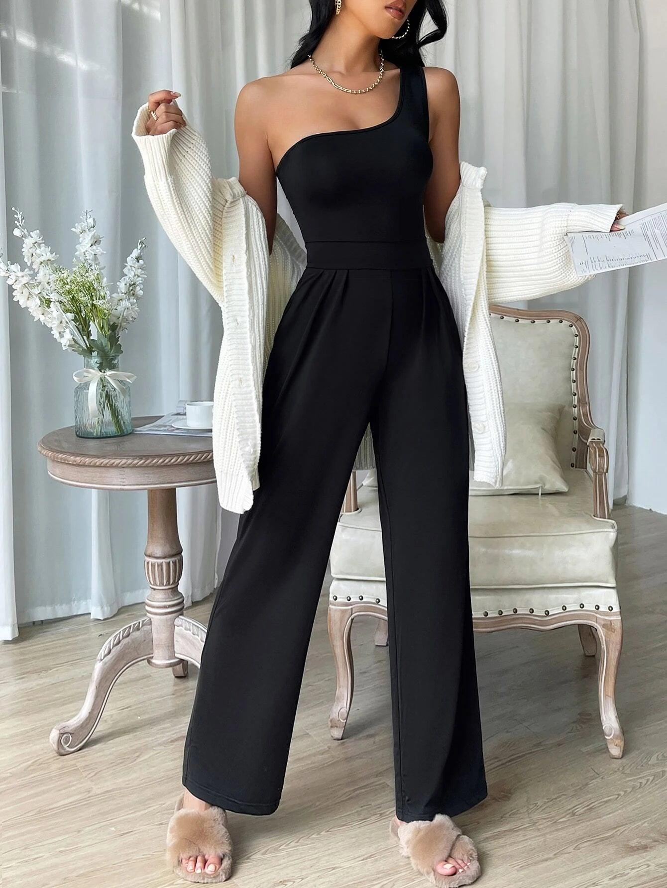 One Shoulder Fold Pleated Jumpsuit-Comfy Jumpsuits