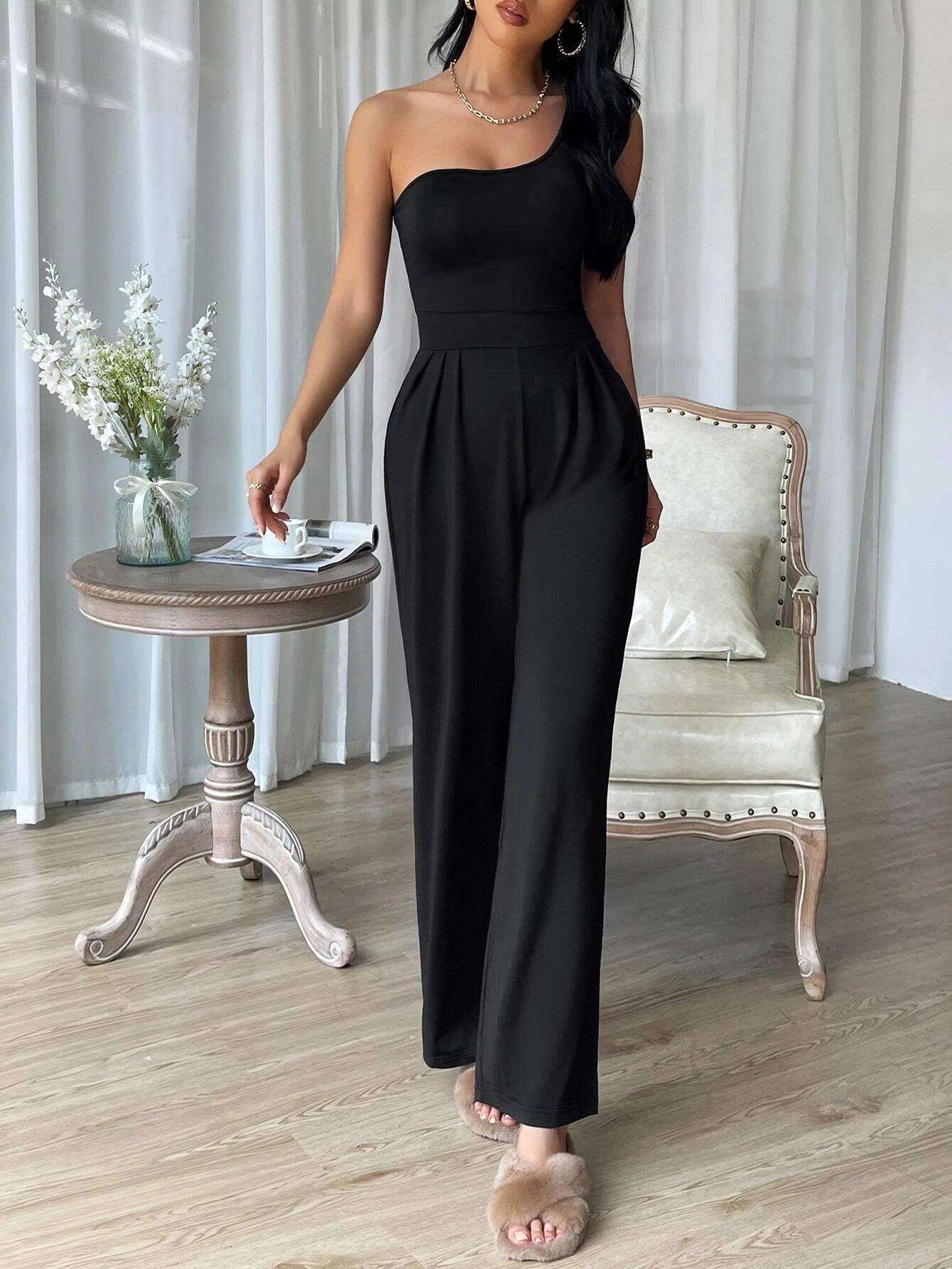 One Shoulder Fold Pleated Jumpsuit-Comfy Jumpsuits