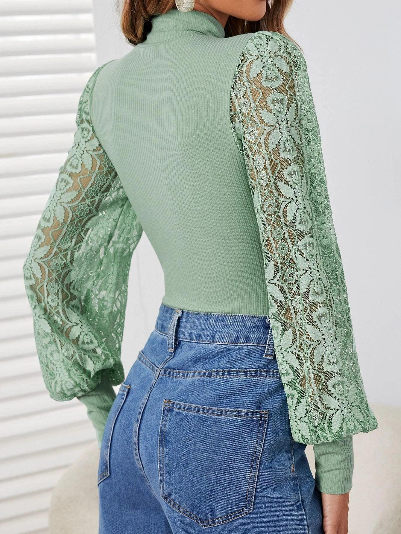 Contrast Lace Lantern Sleeve Mock Neck Bodysuit-Comfy Jumpsuits