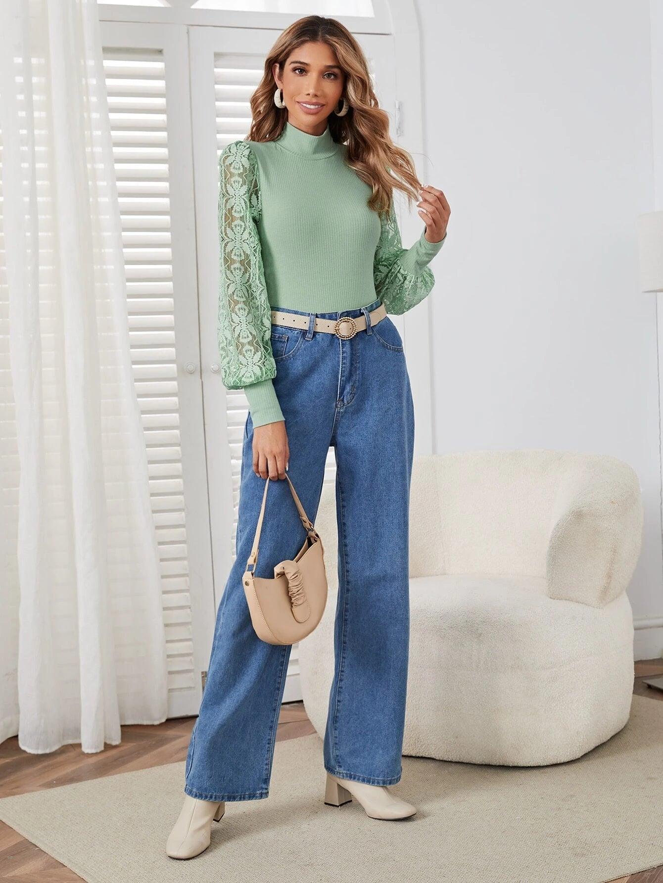 Contrast Lace Lantern Sleeve Mock Neck Bodysuit-Comfy Jumpsuits