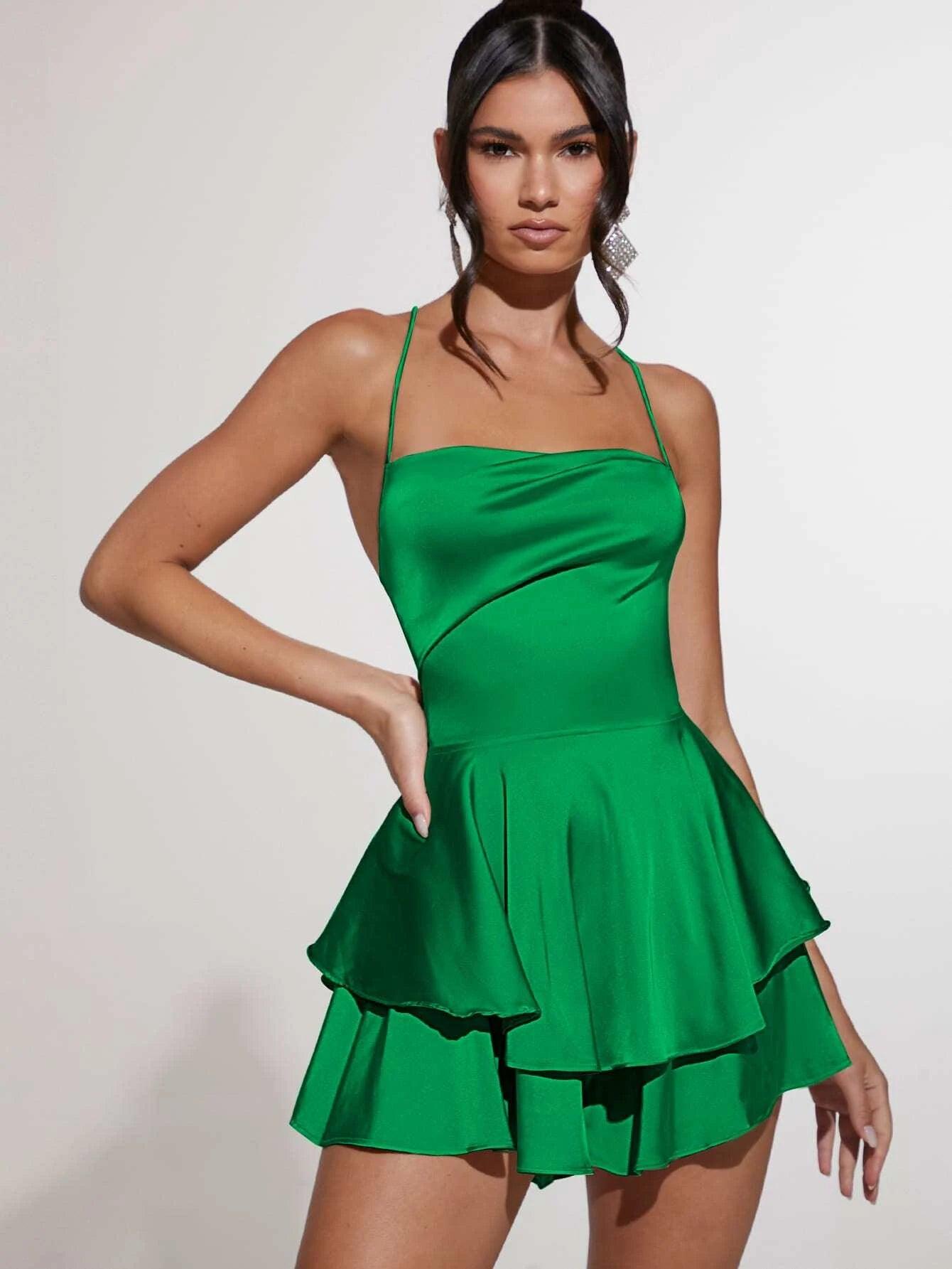 Cowl Neck Lace Up Backless Layered Satin Skort Romper-Comfy Jumpsuits