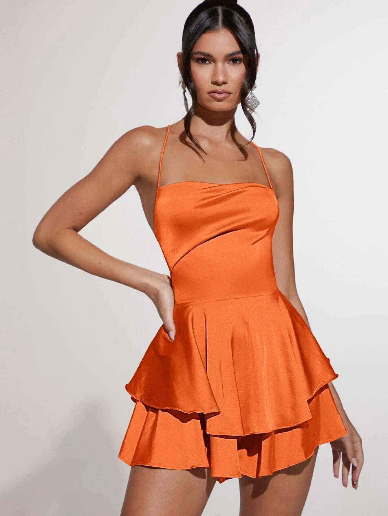 Cowl Neck Lace Up Backless Layered Satin Skort Romper-Comfy Jumpsuits