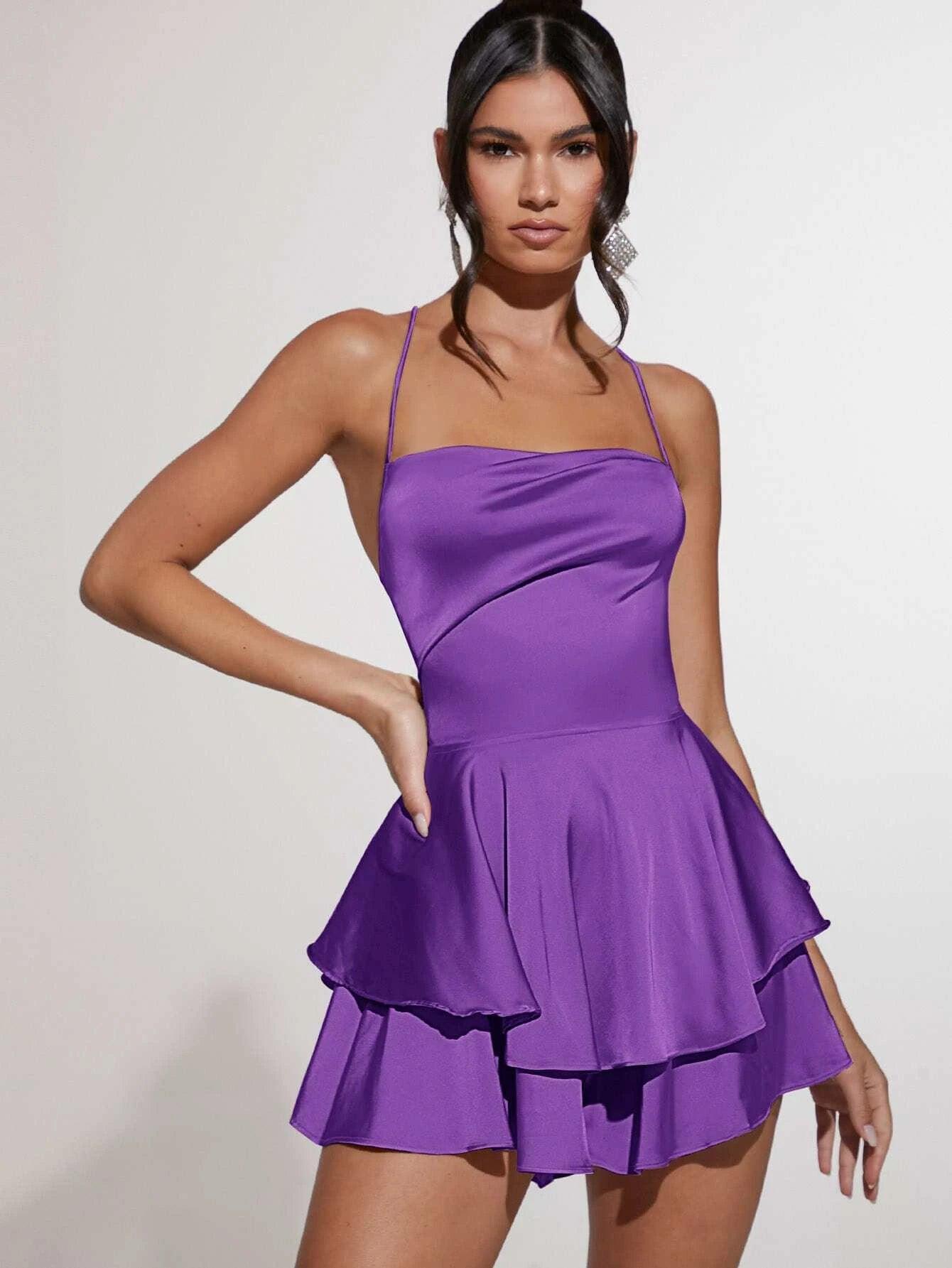 Cowl Neck Lace Up Backless Layered Satin Skort Romper-Comfy Jumpsuits