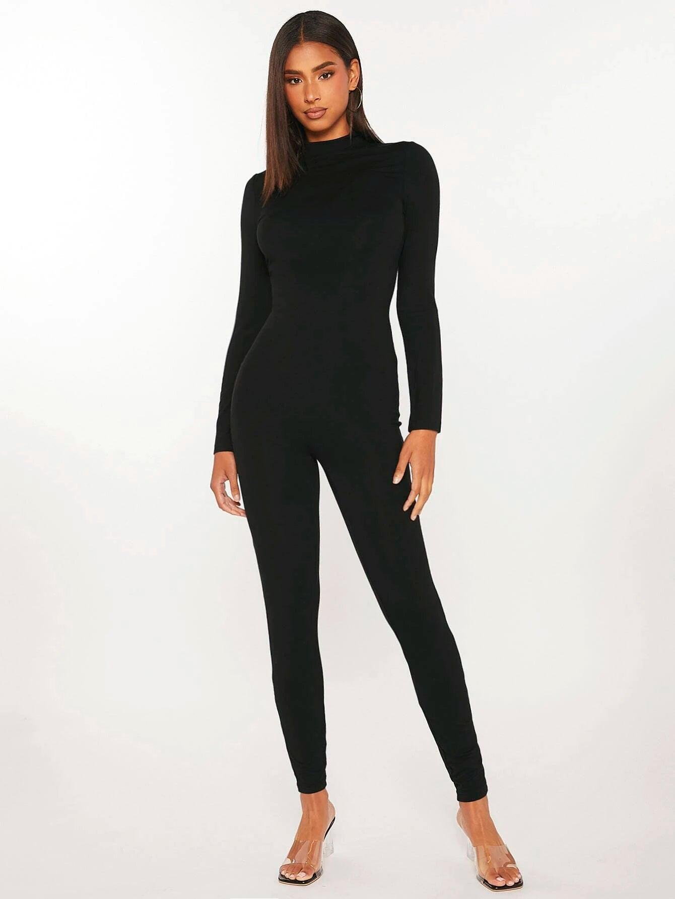 Tall Solid Mock Neck Unitard Jumpsuit-Comfy Jumpsuits