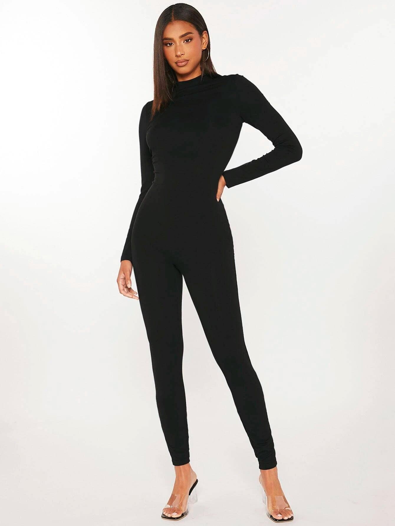 Tall Solid Mock Neck Unitard Jumpsuit-Comfy Jumpsuits