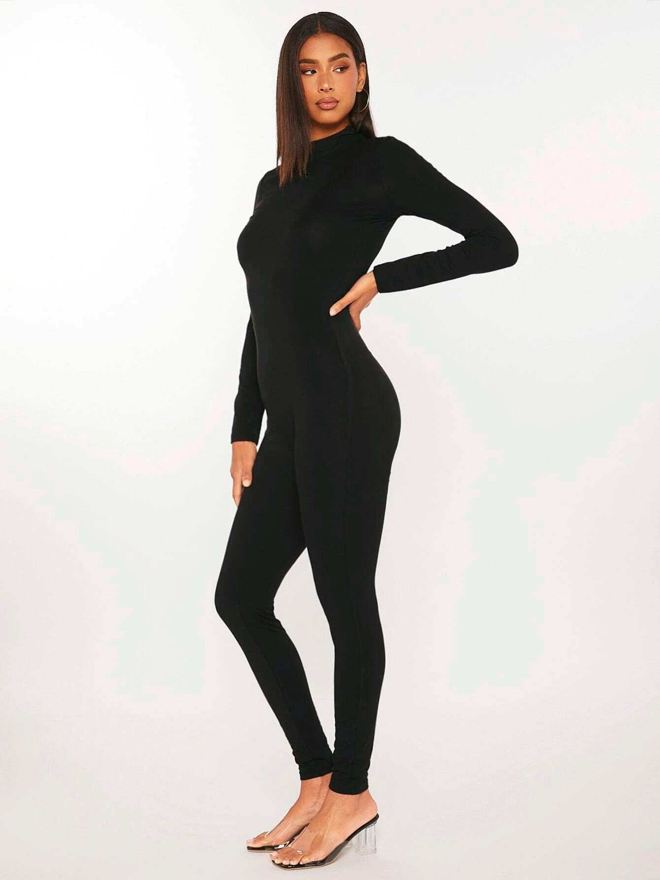 Tall Solid Mock Neck Unitard Jumpsuit-Comfy Jumpsuits