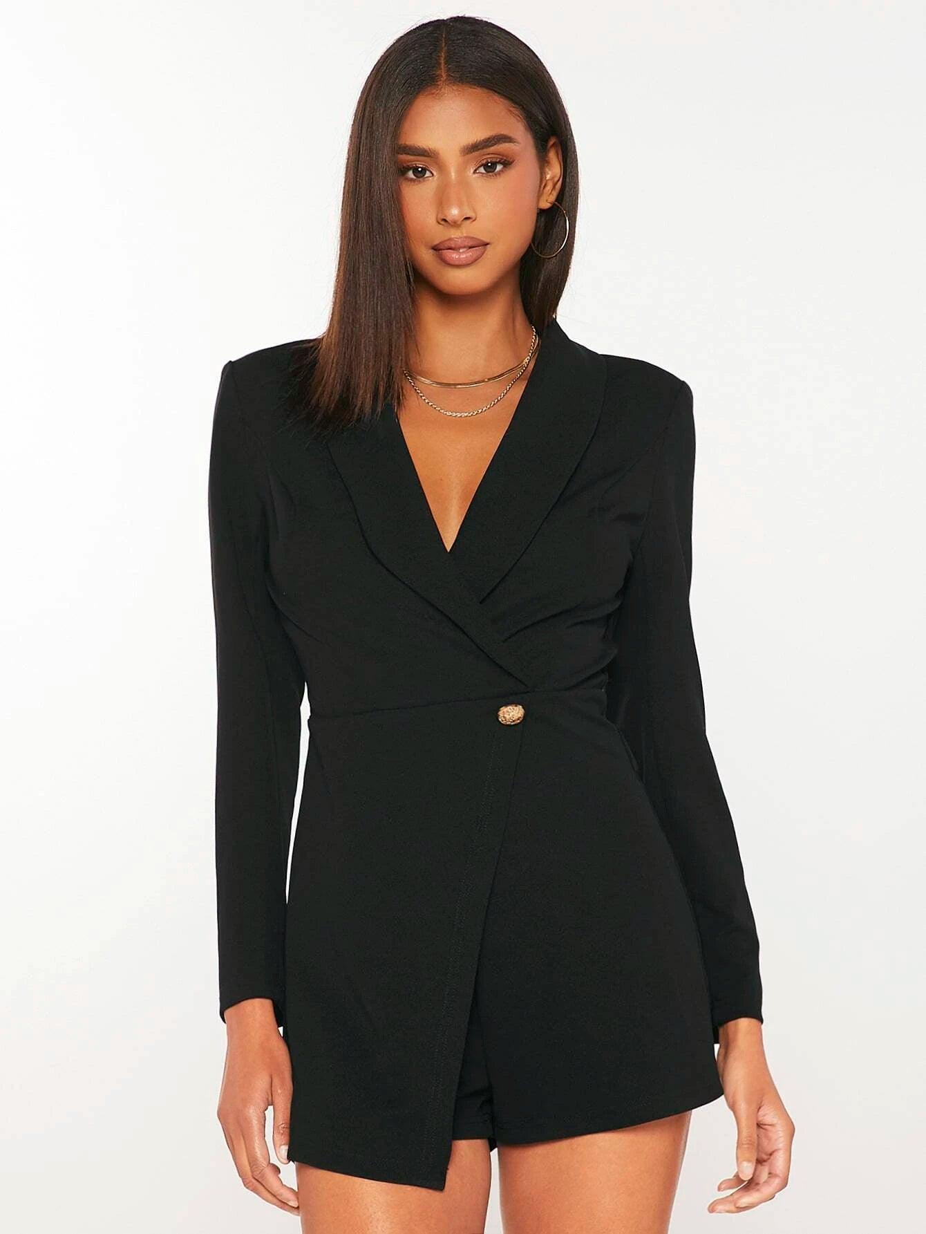 Shawl Collar Single Button Romper-Comfy Jumpsuits