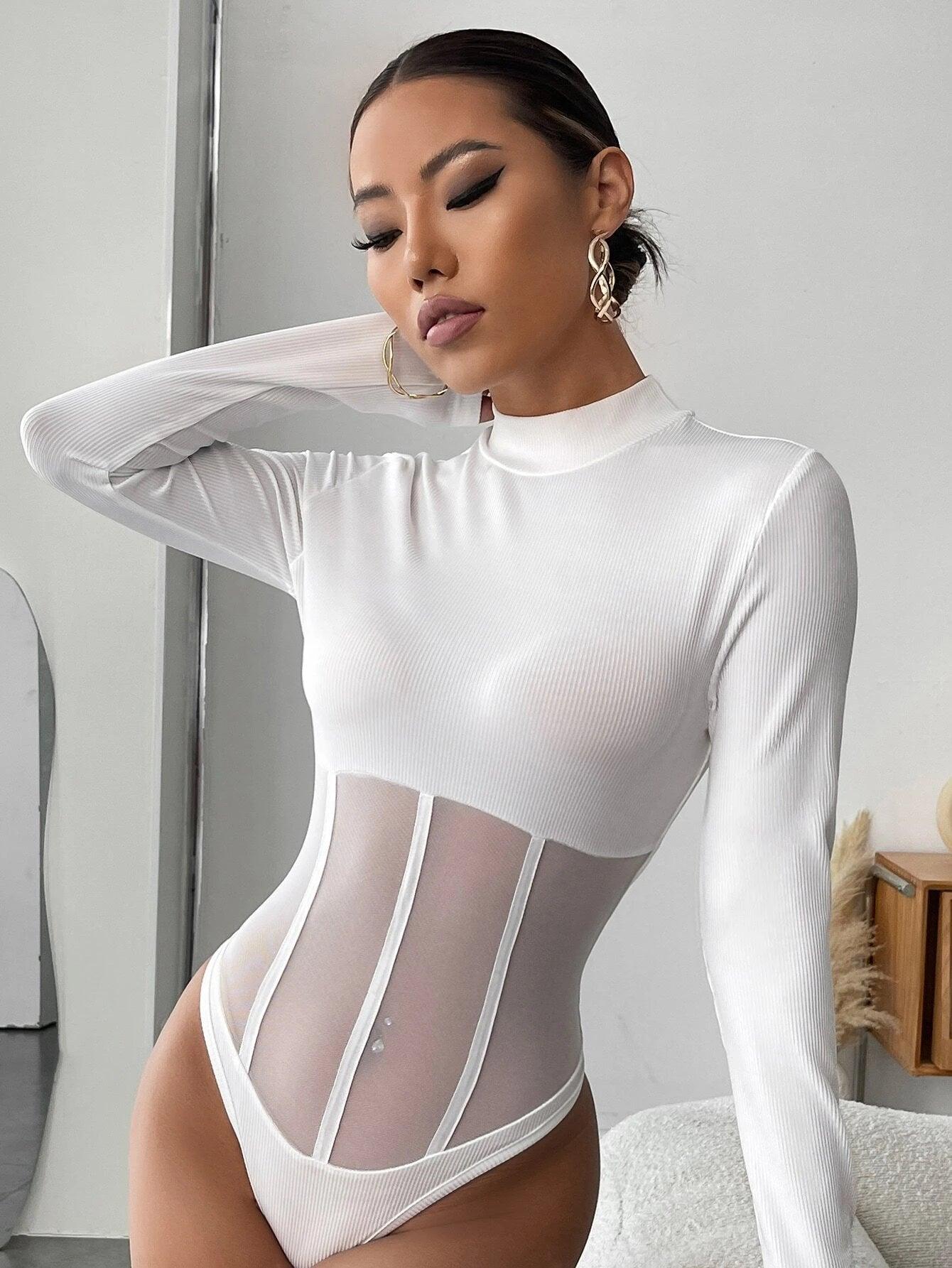 Long Sleeve Contrast Mesh Bodysuit-Comfy Jumpsuits
