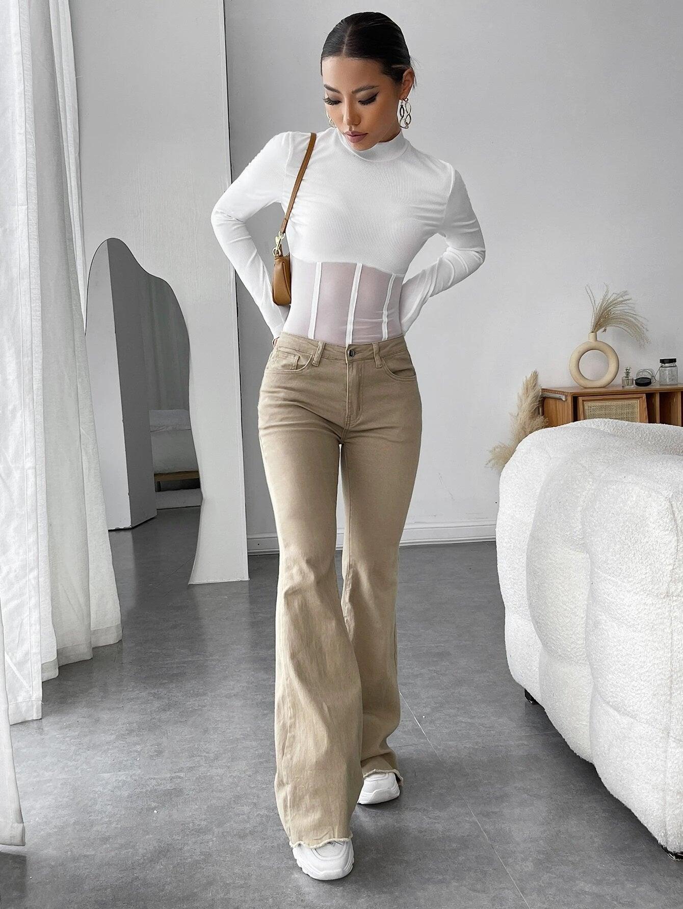 Long Sleeve Contrast Mesh Bodysuit-Comfy Jumpsuits