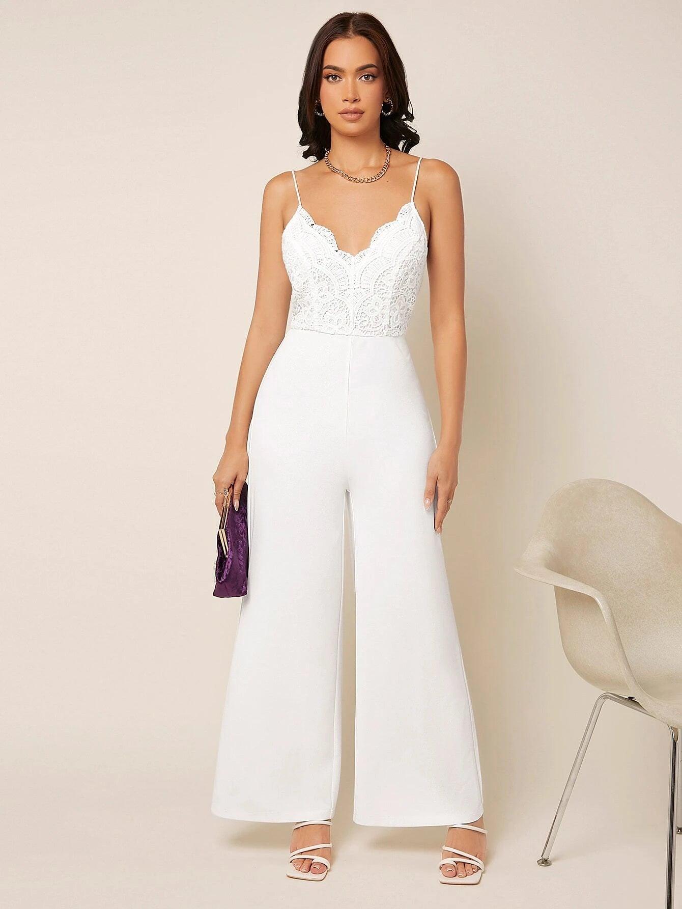 Lace Panel Wide Leg Cami Jumpsuit-Comfy Jumpsuits