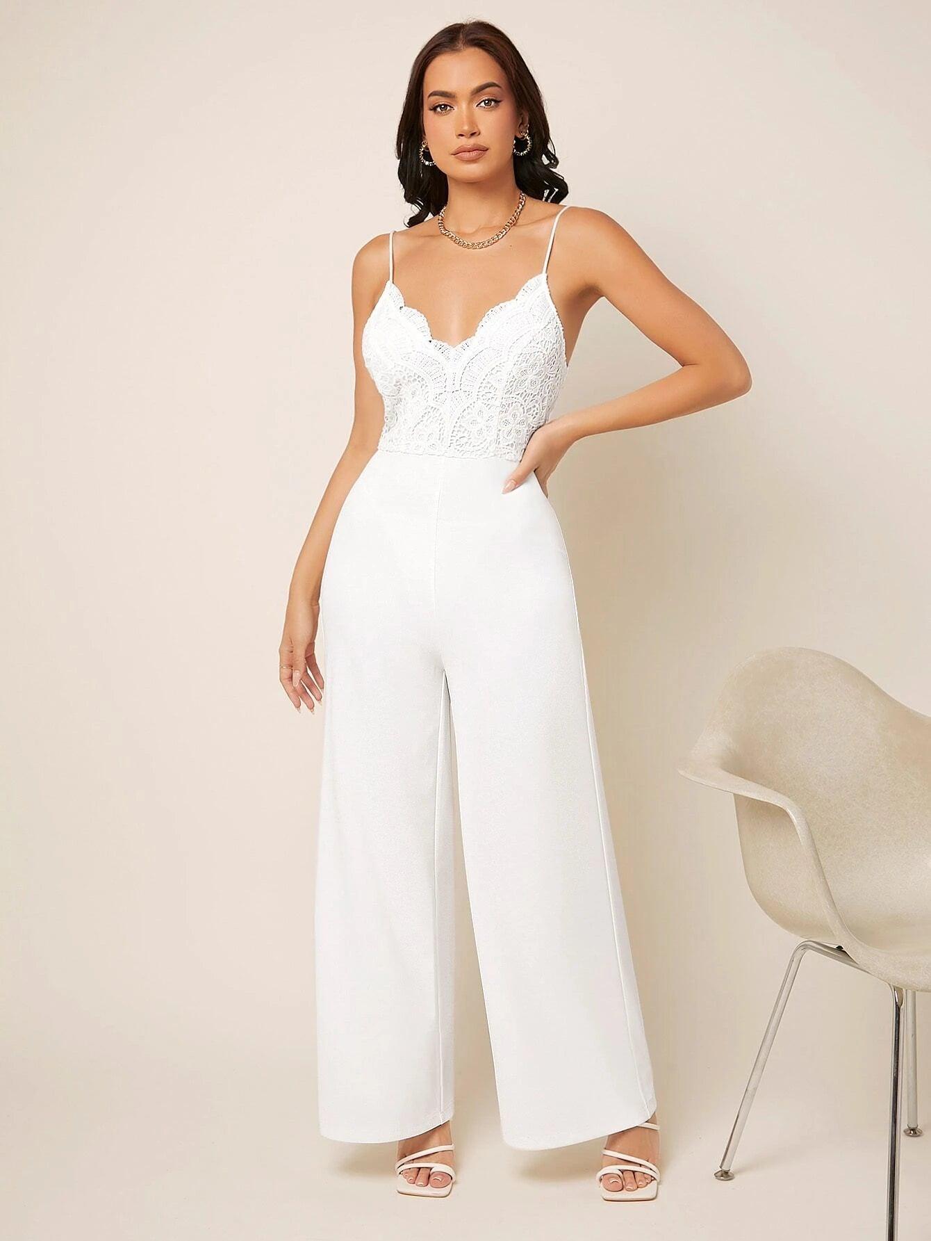 Lace Panel Wide Leg Cami Jumpsuit-Comfy Jumpsuits