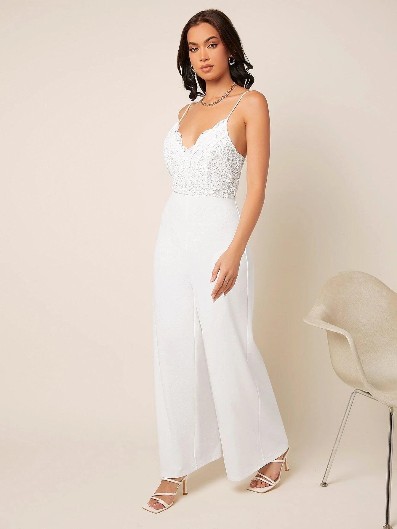 Lace Panel Wide Leg Cami Jumpsuit-Comfy Jumpsuits