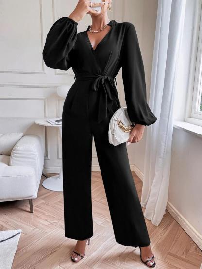 Lantern Sleeve Belted Jumpsuit-Comfy Jumpsuits