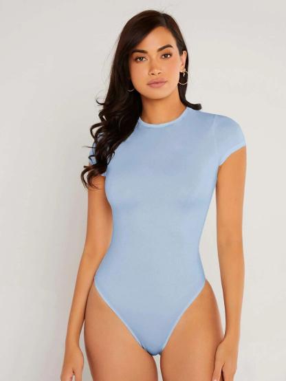 Solid Slim Cut Round Neck Bodysuit-Comfy Jumpsuits